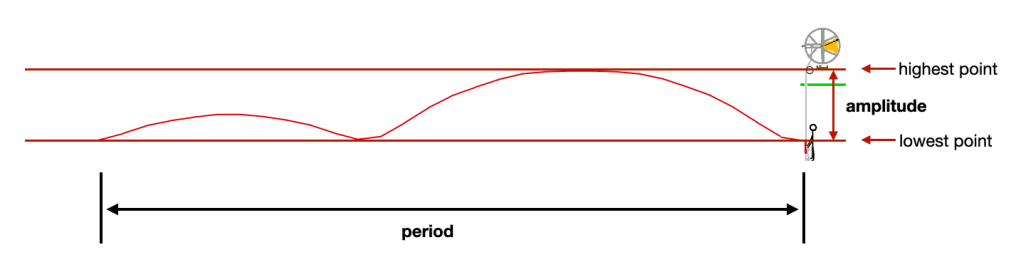 The period is the horizontal length of one cycle. The amplitude is the vertical distance between the sally's lowest point and highest point.
